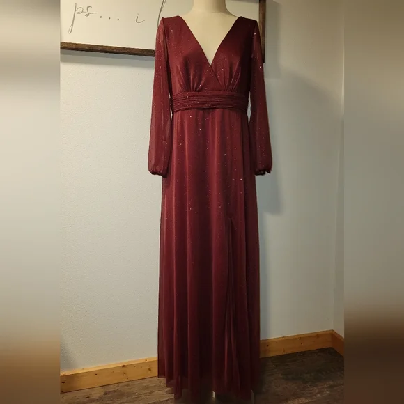 ever pretty burgundy dress Plus Size Satin Ribbon Waist Glitter Maxi Dress with Short Sleeves main image 0